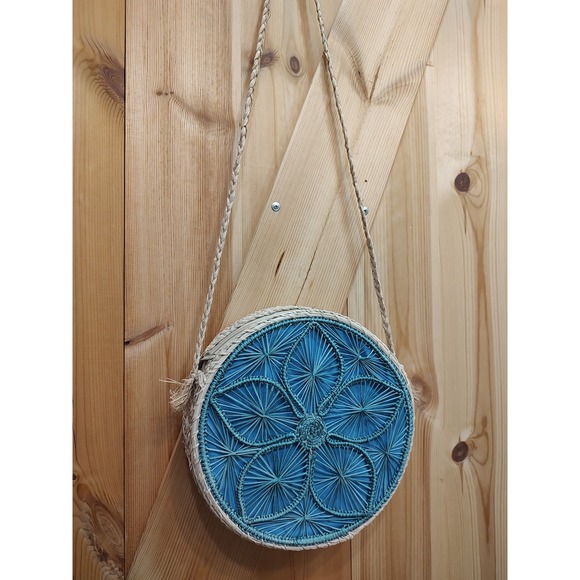 The Unbranded Brand Handbags - Round Blue Woven Crossbody Bag with Braided Strap